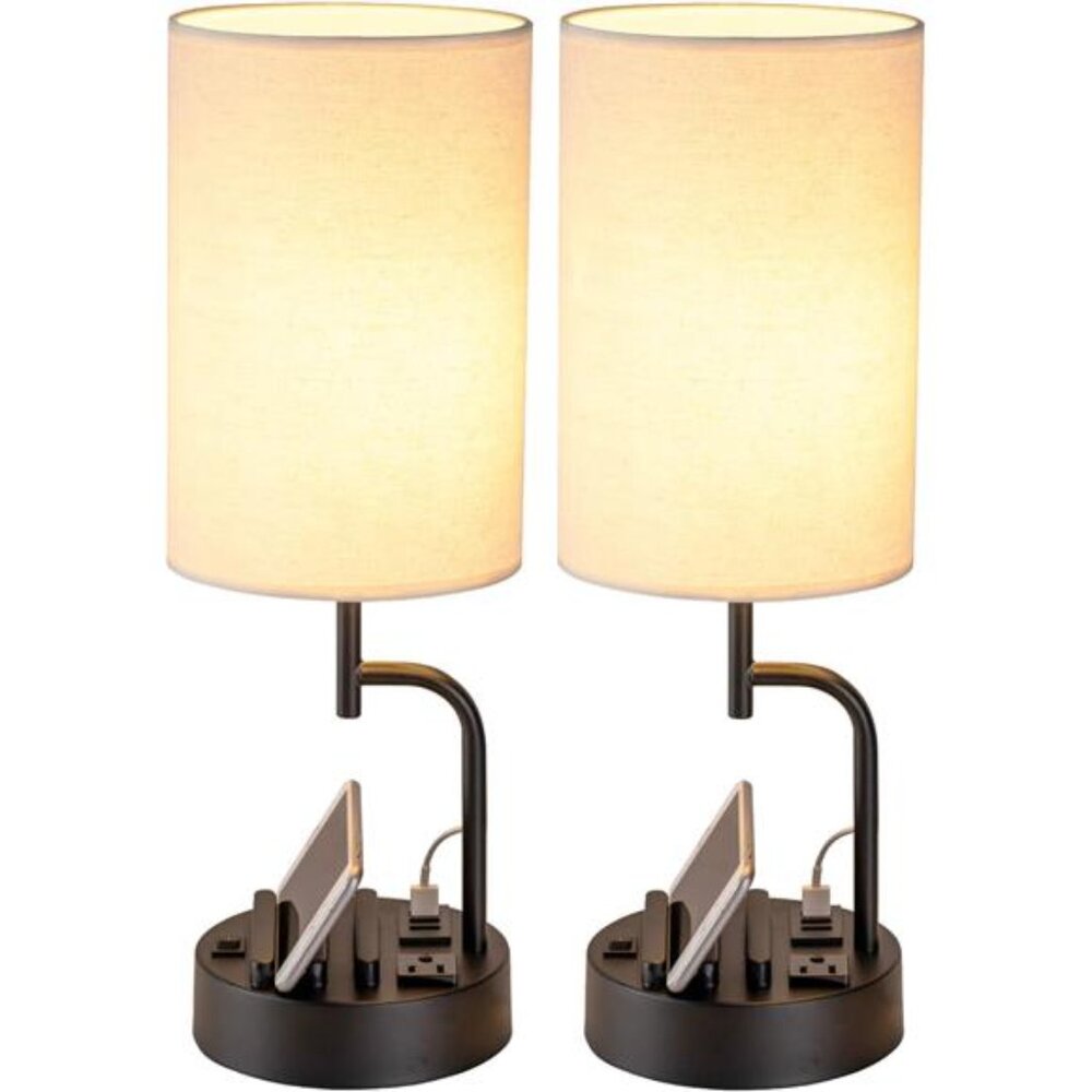 Table Lamp with 3 USB Charging Ports, Modern Desk Lamp with AC Outlet